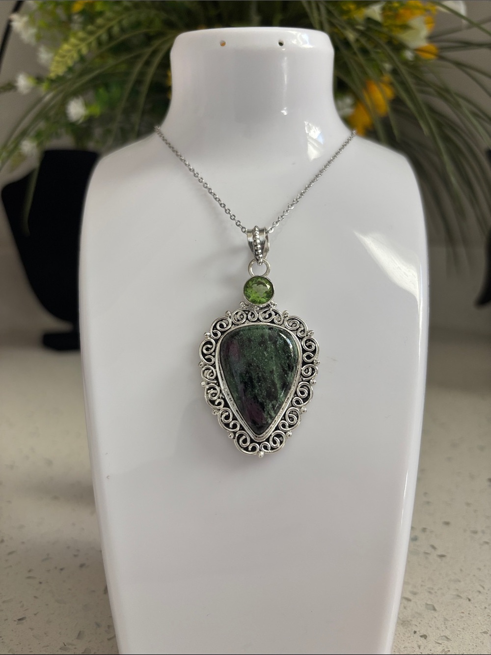 Ruby Zoisite & Peridot Gemstone Ethnic Handmade Pendant Necklace